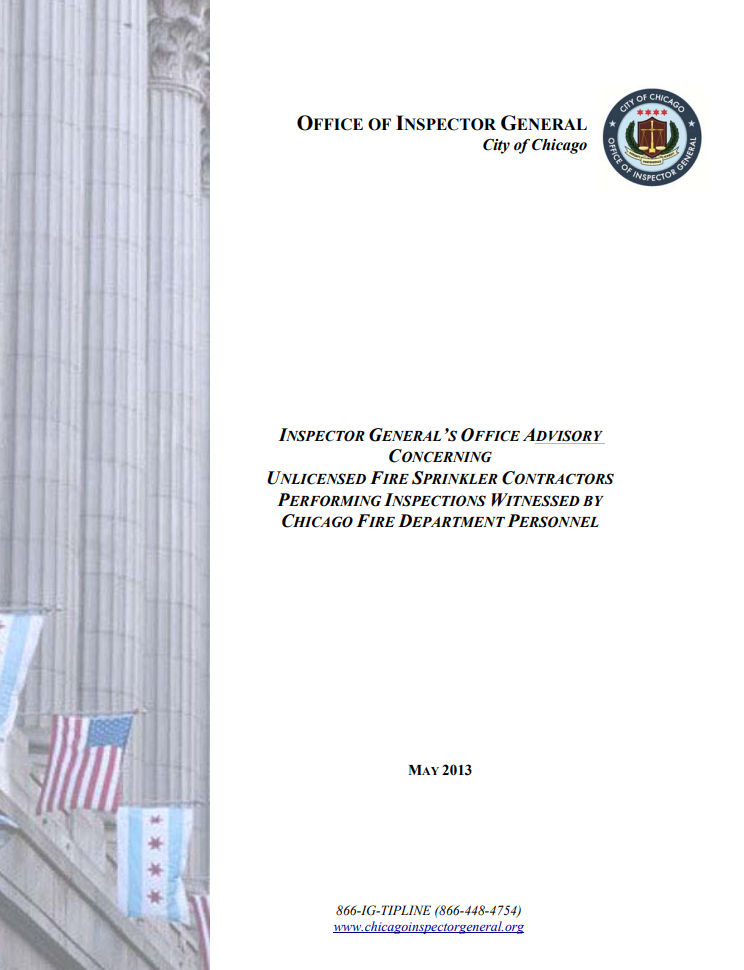 Advisory Concerning Unlicensed Fire Sprinkler Contractors Performing Inspections Witnessed By Chicago Fire Department Personnel - publication cover