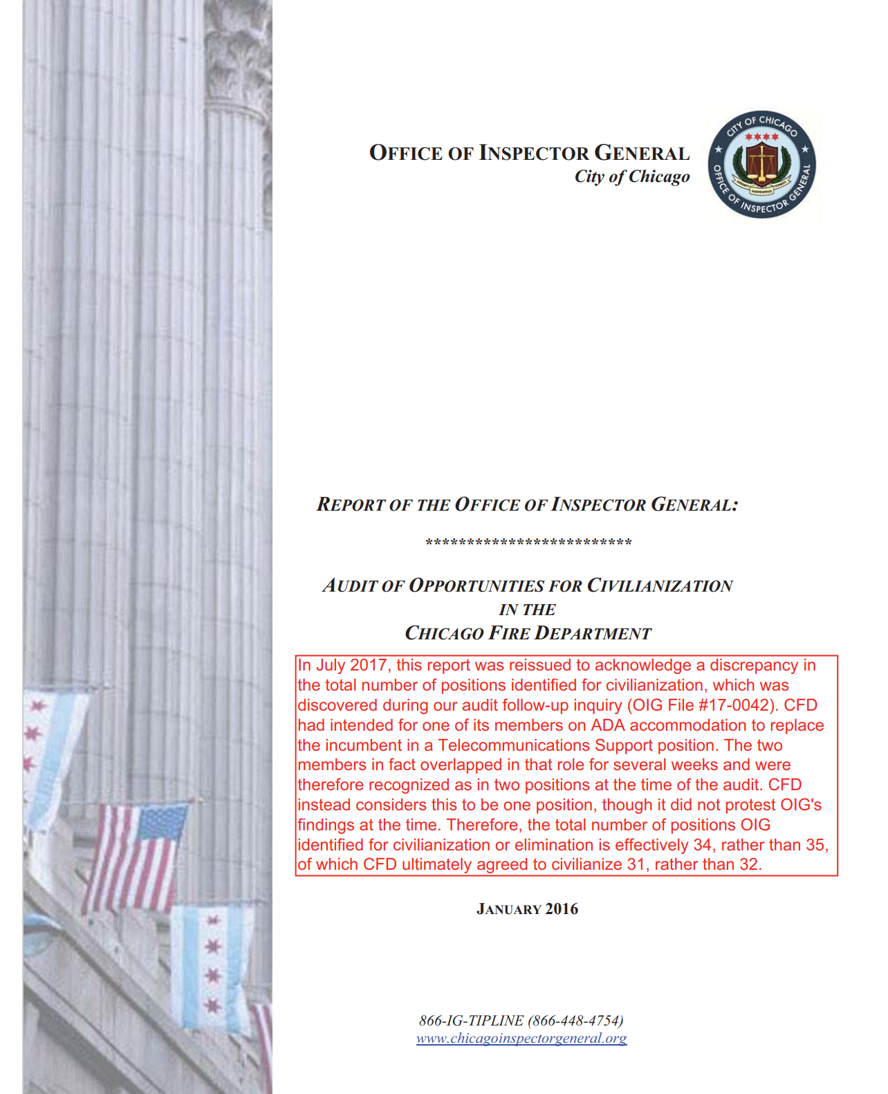 Audit of Opportunities for Civilianization in Chicago Fire Department Audit of Opportunities for Civilianization in Chicago Fire Department - publication cover