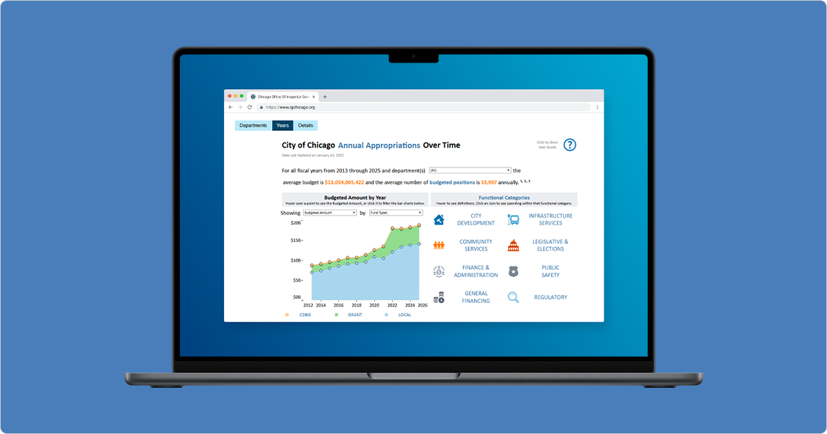 Mockup of OIG's City of Chicago Annual Appropriations by Department Dashboard on a laptop