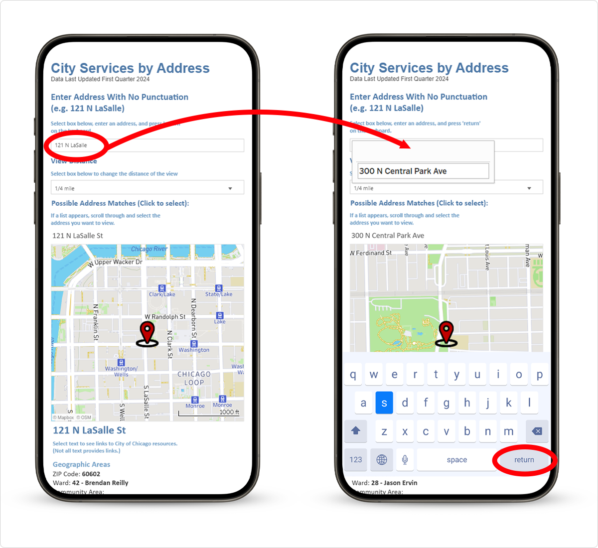 Screenshot of two mobile devices side-by-side demonstrating entering an address on the City Active Employees: Map and Census Data Dashboard
