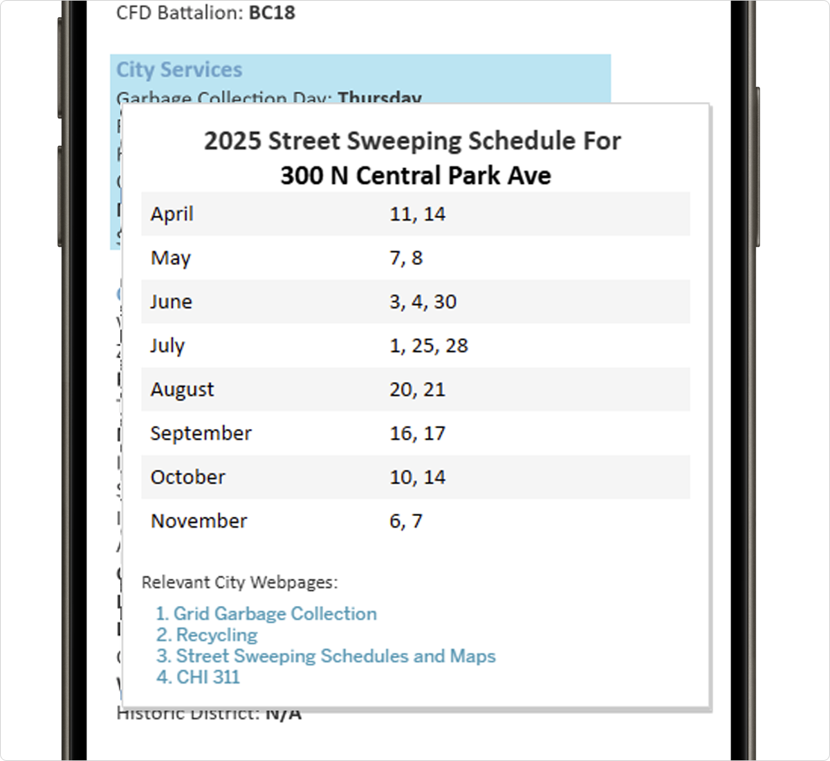 Screenshot with the City Services popup displayed on the City Active Employees: Map and Census Data Dashboard