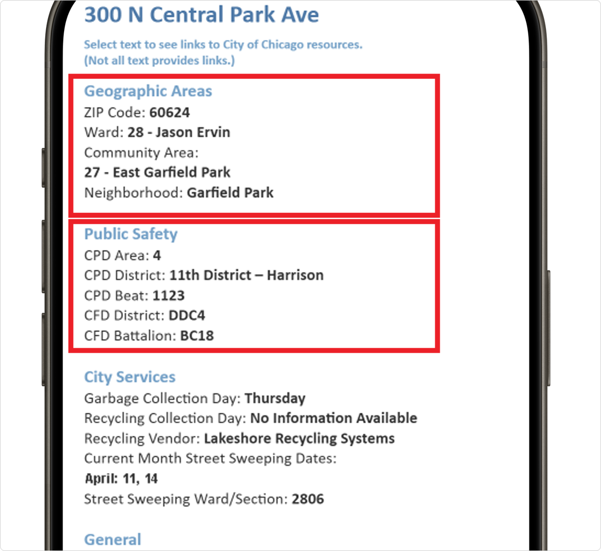 Screenshot highlighting Geographic and Public Safety Information