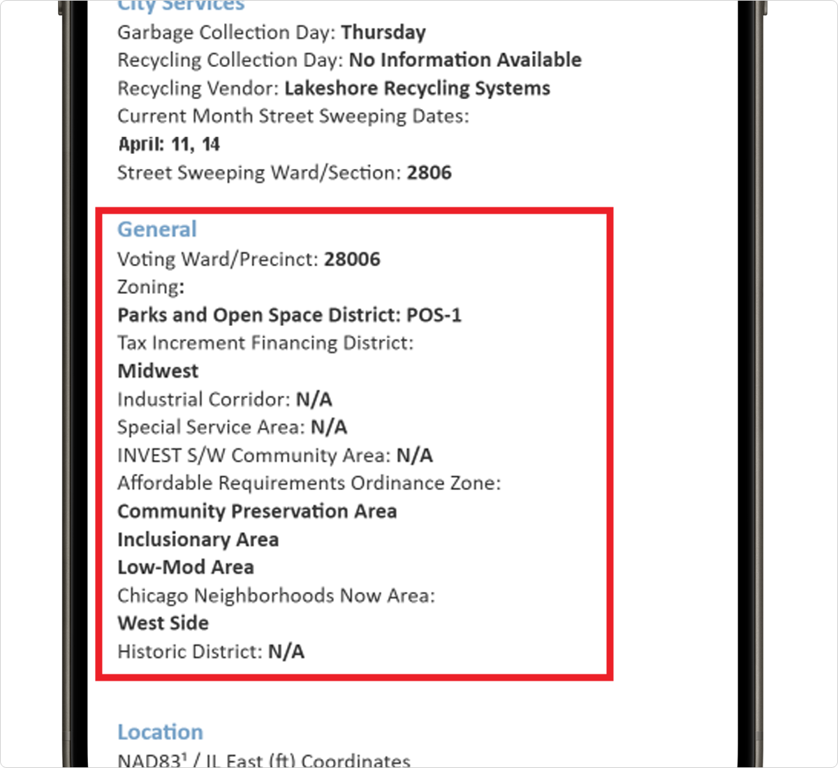 Screenshot highlighting General Information