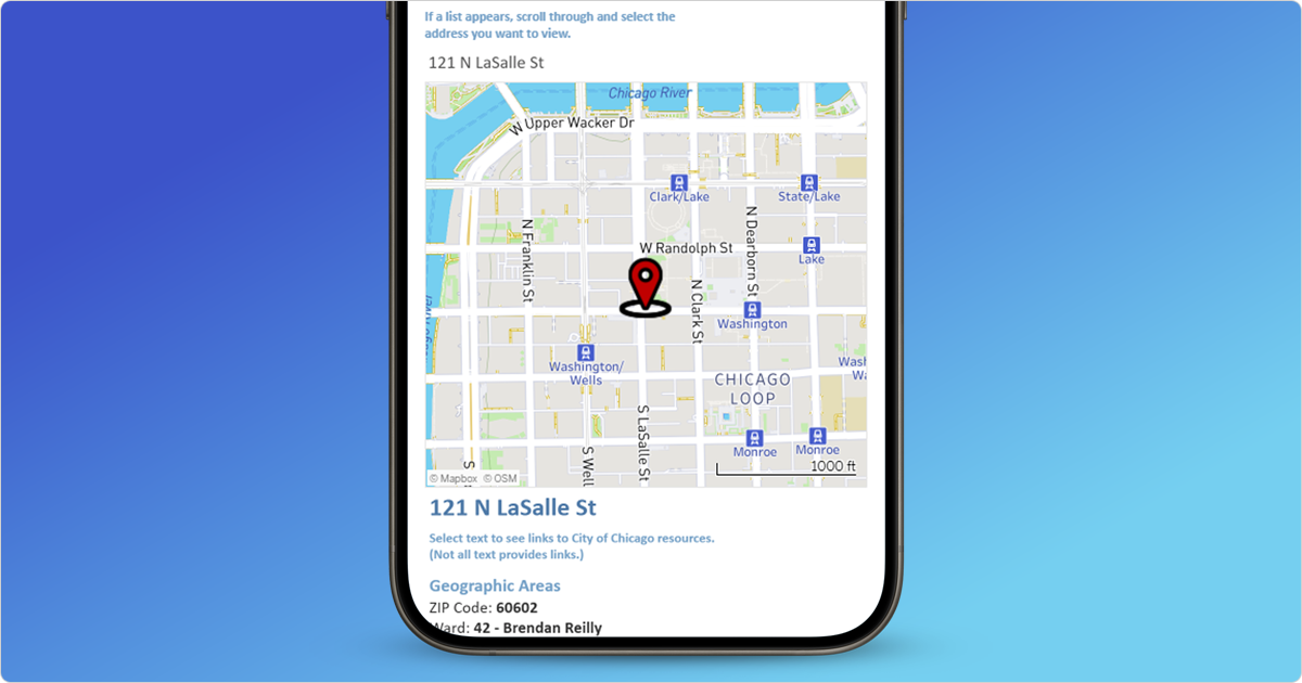 Decorative screenshot of the City Services By Address Dashboard