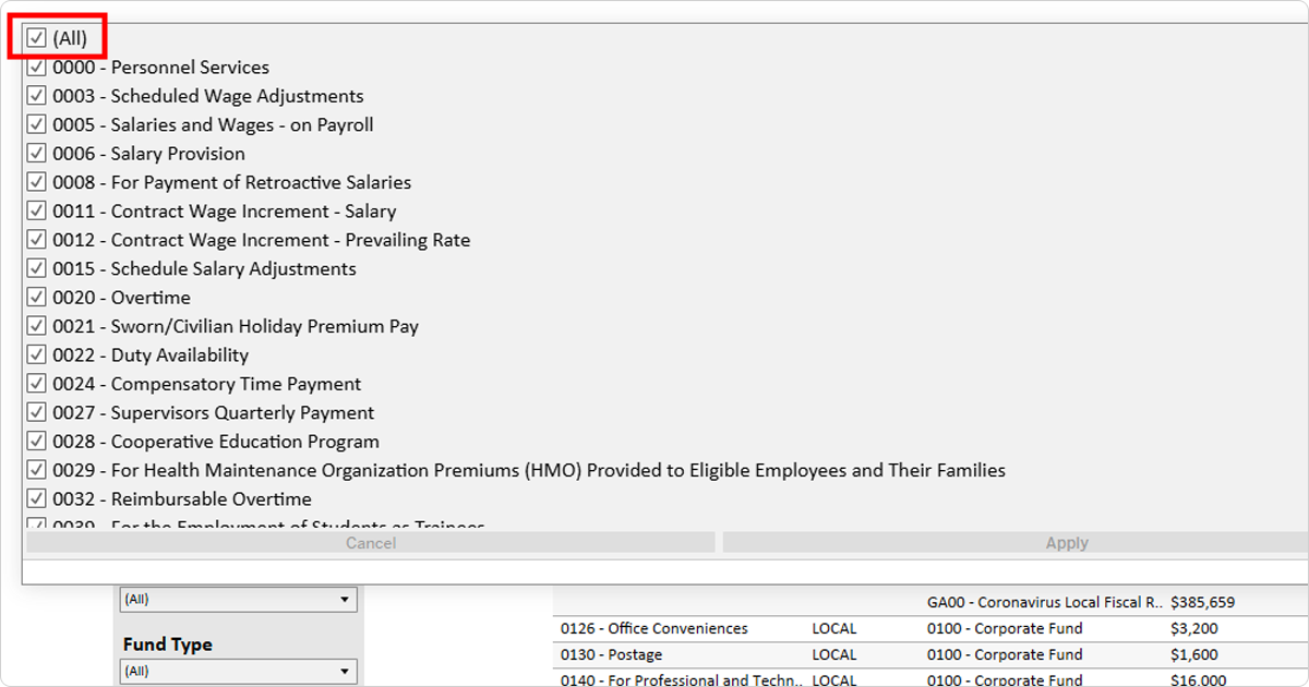 Screenshot demonstrating deselecting "All" as the default selection from the Appropriation Account menu.