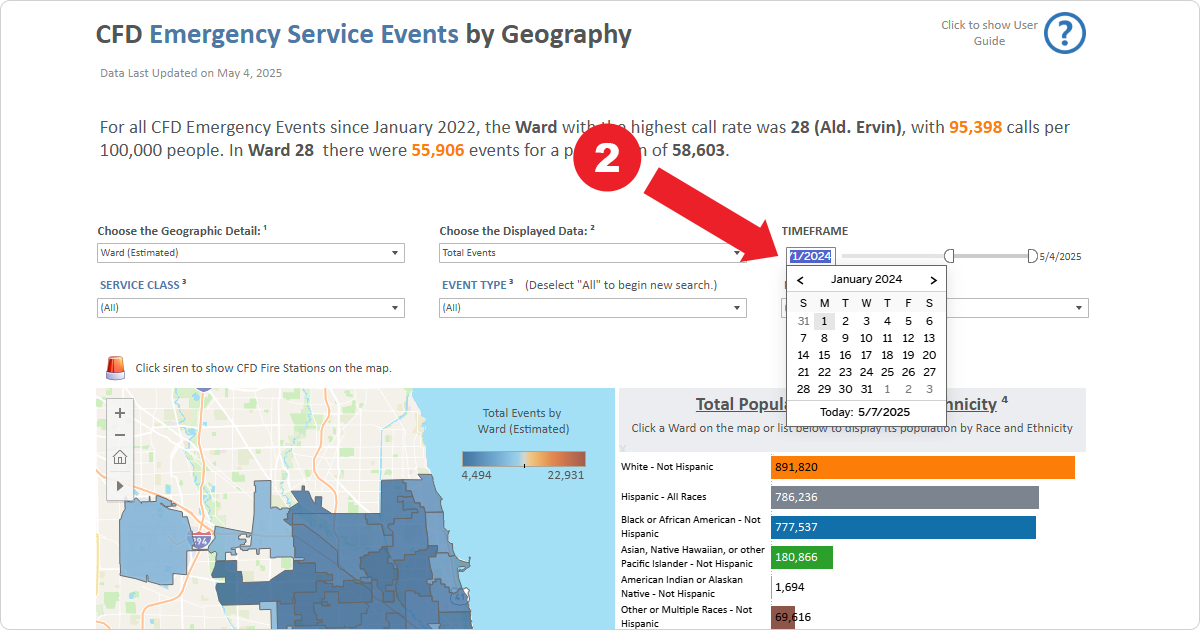 Screenshot demonstrating selecting January 1st, 2024 as the start day under the Timeframe section of the dashboard.