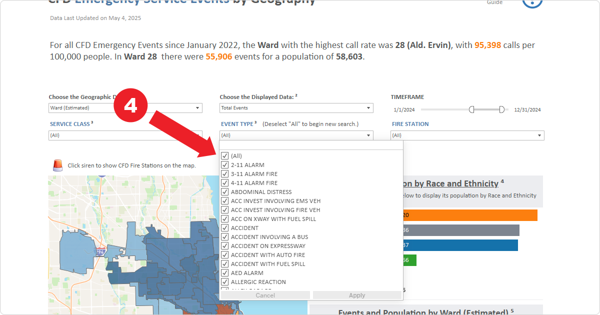 Screenshot demonstrating deselecting "All" as the default selection under Event Type.