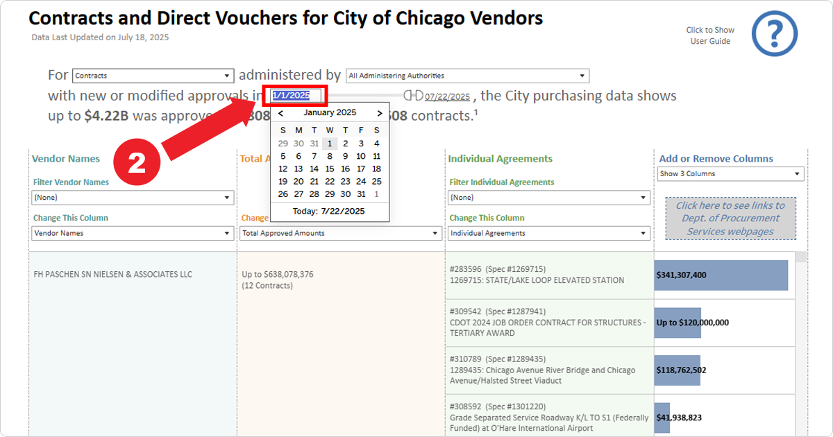 Screenshot demonstrating Step 2: Change the date range for the dashboard to start Jan 1, 2025.