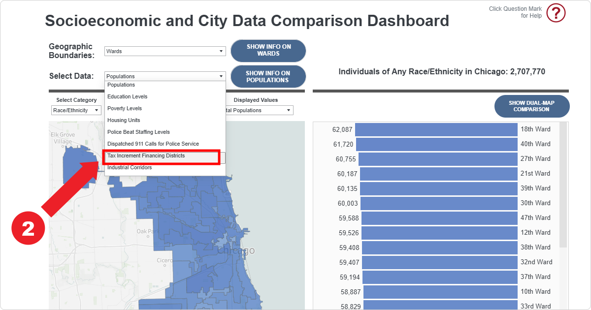 Screenshot of Step 2: Selecting TIF Data From the Select Data menu, select Tax Increment Financing Districts.
