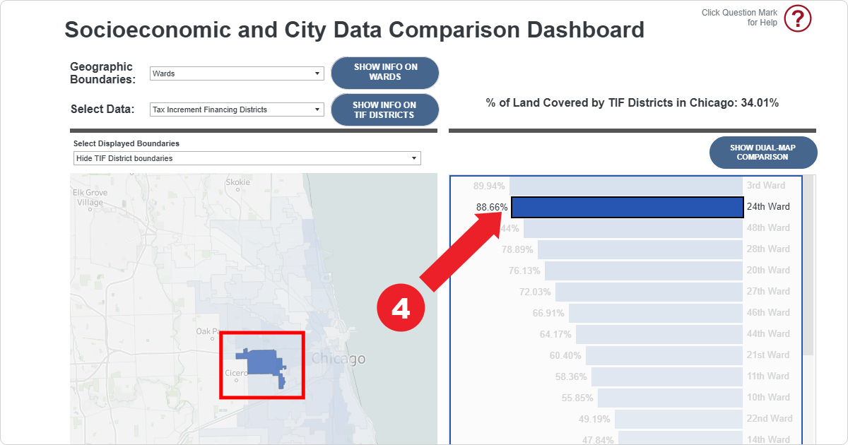 Screenshot of Step 4: Highlight A Ward Clicking on a Ward from the data panel highlights the Ward on the City map.