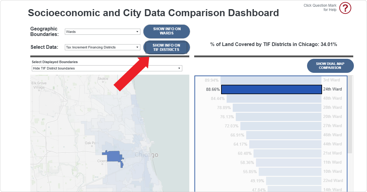 Screenshot demonstrating how to learn additional TIF District information by clicking on the Show Info On TIF Districts button.