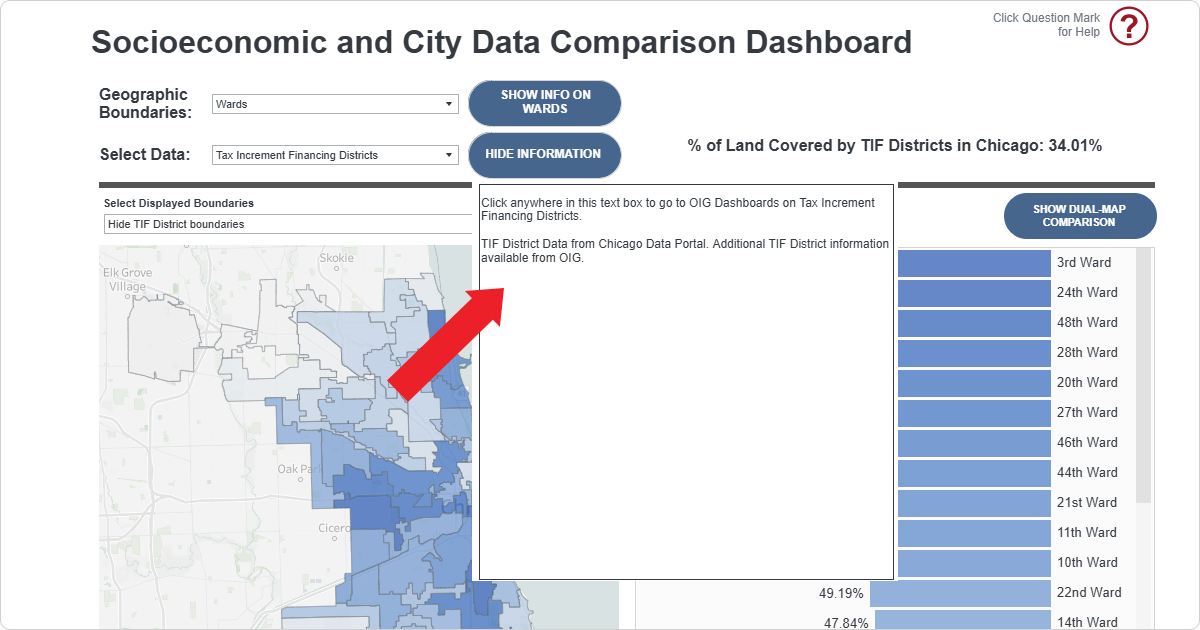 Screenshot demonstrating how to click anywhere within the pop-up window to visit the Tax Increment Financing Districts Dashboard to learn more.