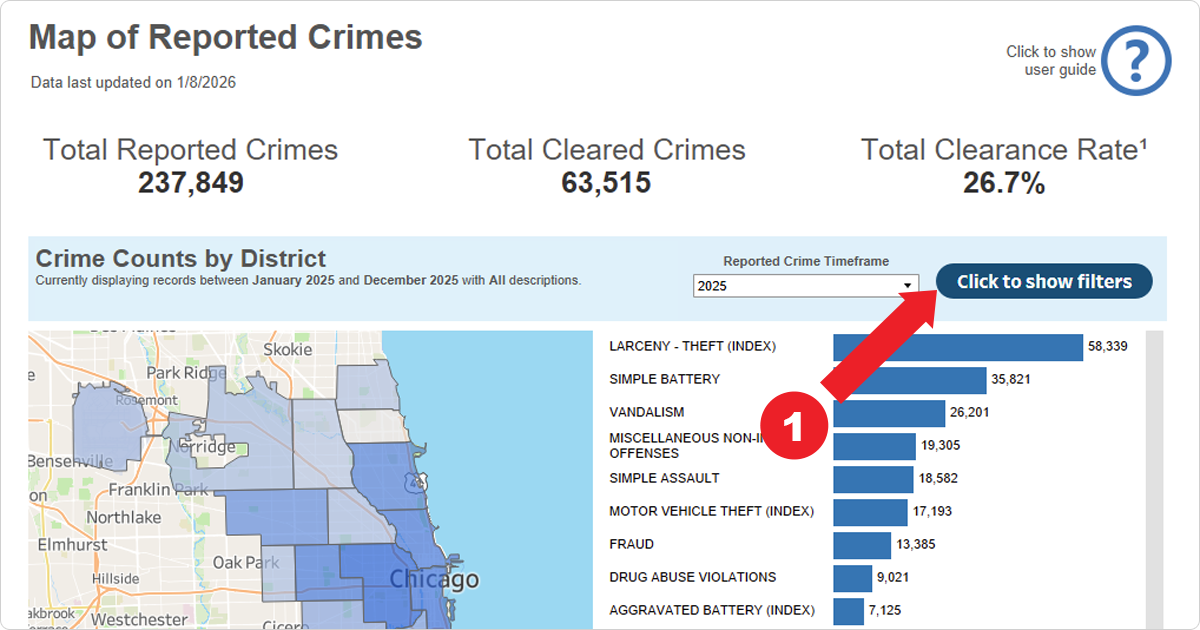 Screenshot demonstrating how to click the Click to show filters button