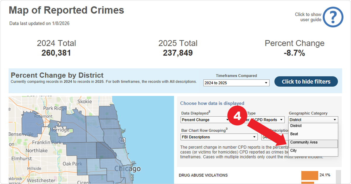 Screenshot demonstrating selecting Community Area from the Geographic Category dropdown menu.
