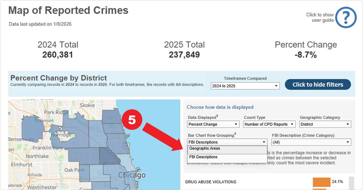 Screenshot demonstrating how to select Geographic Areas from Bar Chart Row Grouping menu.